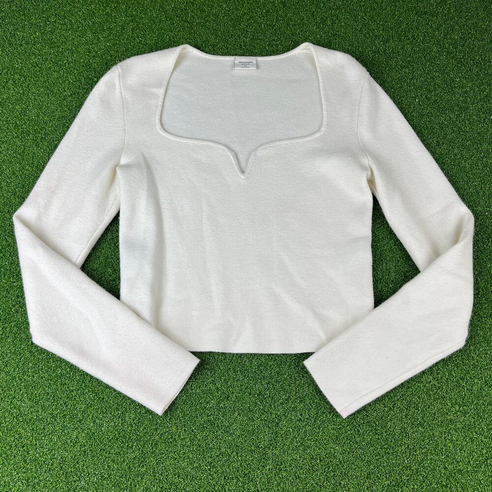 Abercrombie & Fitch Cream Long Sleeve Crop Sweetheart Neck Sweater Top Sz XS